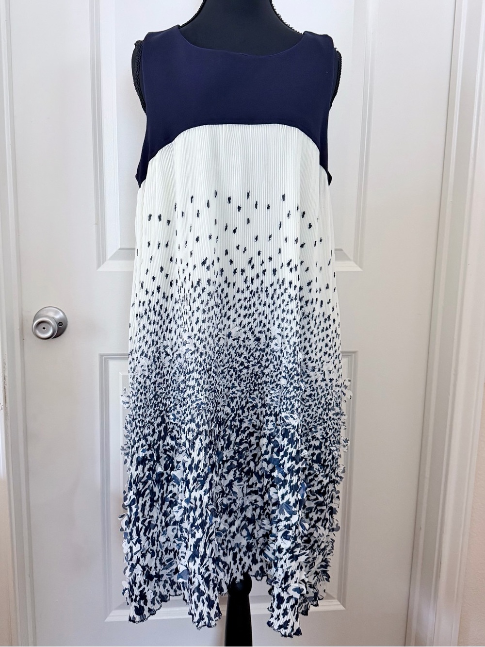 Eva Franco Navy and White Pleated Ombre Dress